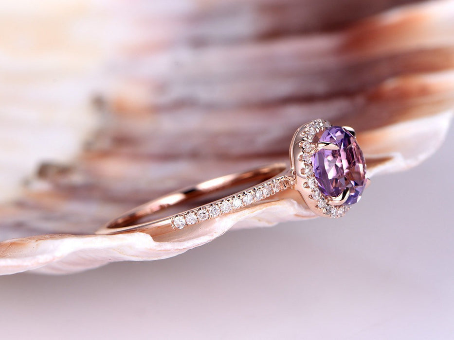 1.50 Carat Amethyst and Diamond Halo Engagement Ring in Rose Gold