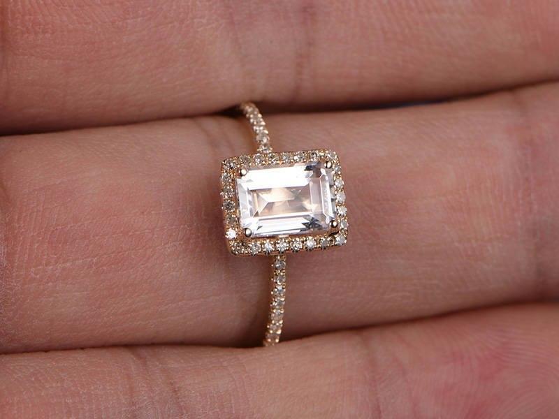 1.50 Carat Emerald Cut White Topaz and Diamond Halo Half Infinity Engagement Ring in Yellow Gold