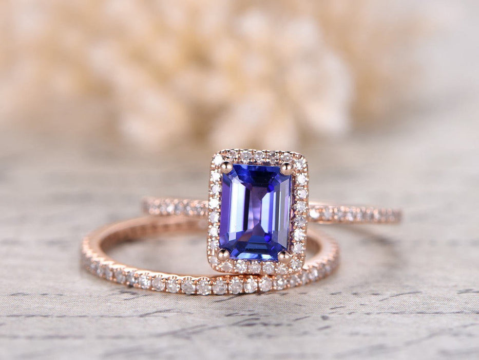 1.50 Carat Halo Emerald Cut Tanzanite and Diamond Half Infinity Band Wedding Ring Set