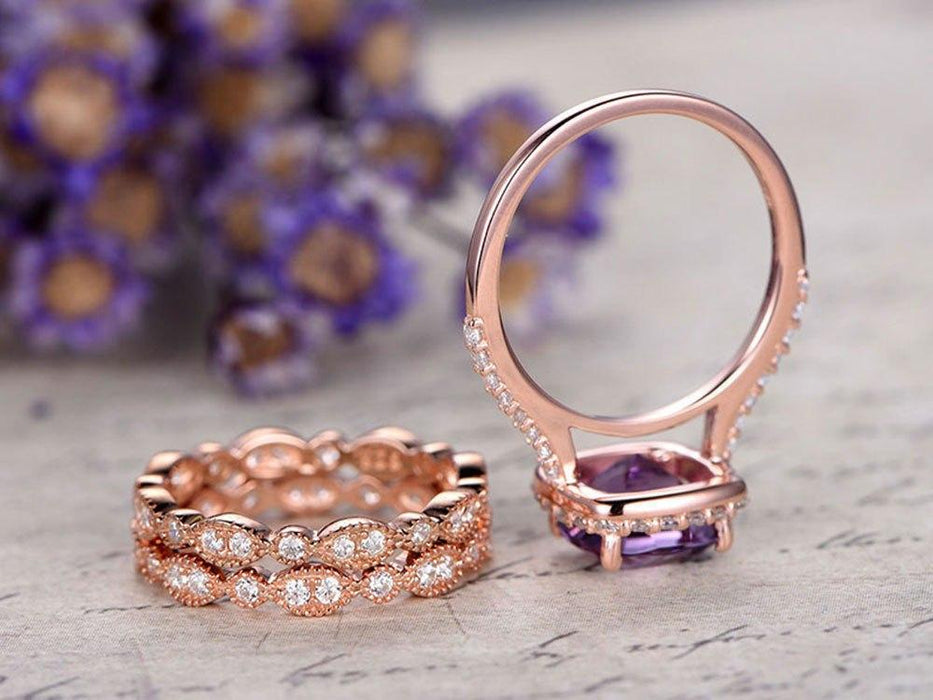 2 Carat Cushion Amethyst and Diamond Antique Trio Ring Set in Rose Gold