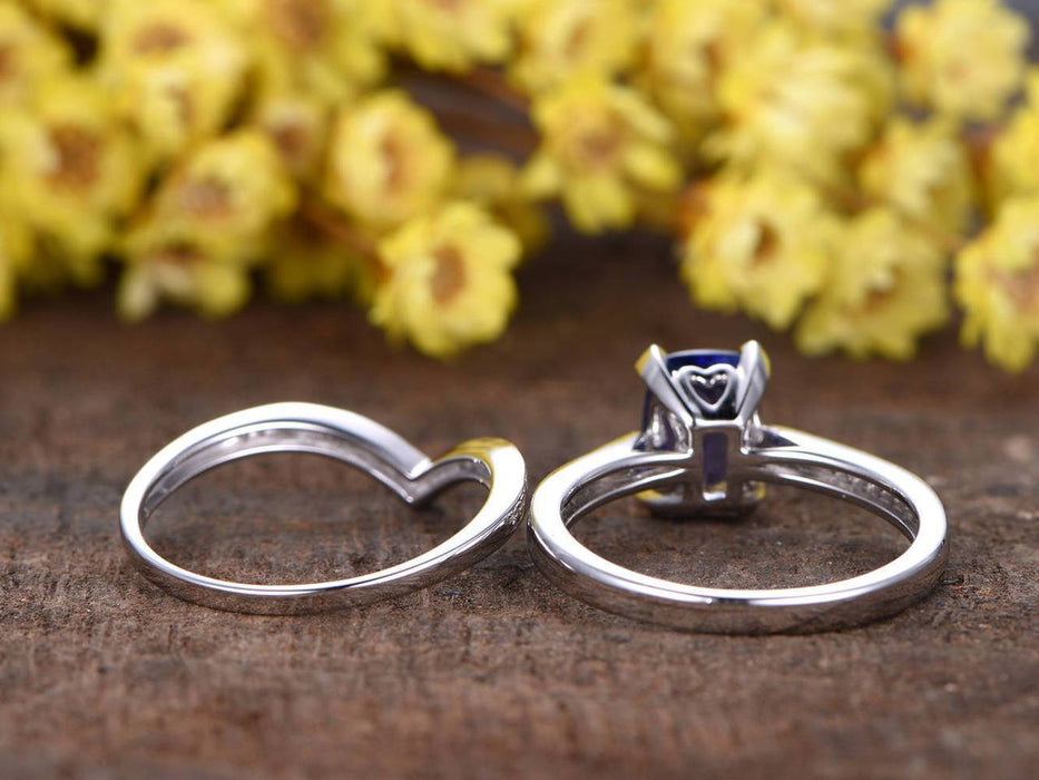 1.50 Carat Emerald Cut Tanzanite and Round Diamonds Wedding Ring Set in White Gold