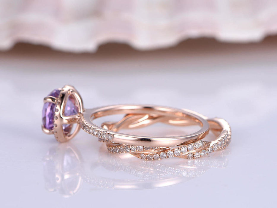 2.5 Carat Round Cut Amethyst and Diamond Halo and Twist Infinity Shape Wedding Ring Set in Rose Gold