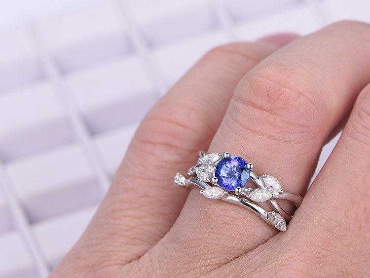 1.50 Carat Round Tanzanite and Marquise Cut Diamond Floral Wedding Ring Set in White Gold