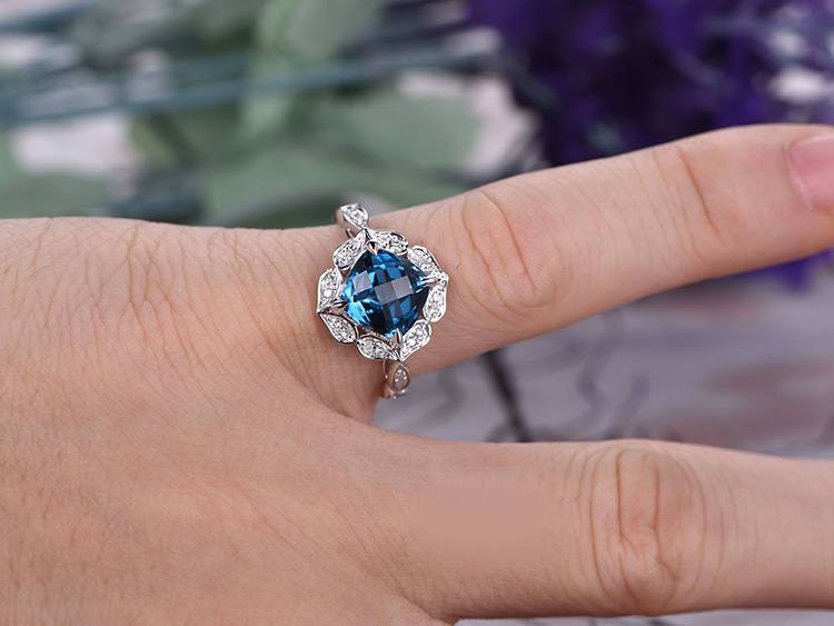 1.50 Carat Cushion Cut London Blue Topaz and Diamond Art Deco Engagement Ring in White Gold