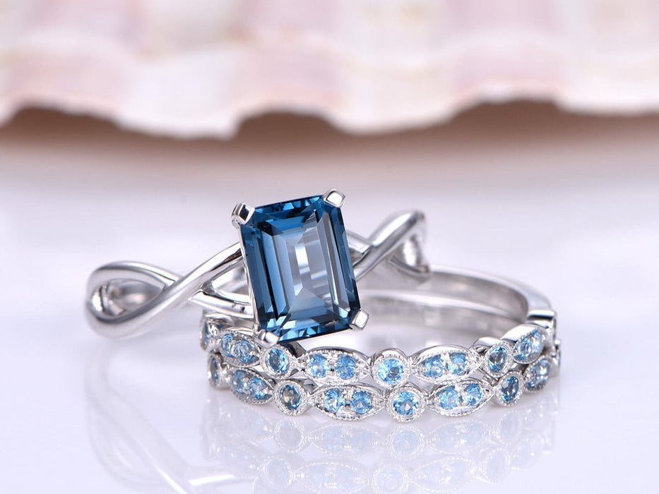 2 Carat Emerald Cut London Blue Topaz and Diamond Art Deco Half Infinity Trio Ring Set in White Gold