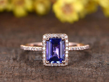 1.50 Carat Emerald Cut Tanzanite Diamond Halo Half Eternity Engagement Ring in Rose Gold