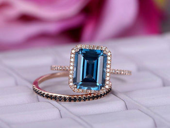 1.50 Carat Emerald Cut London Blue Topaz and Diamond Halo Half Eternity Wedding Ring Set in Rose Gold