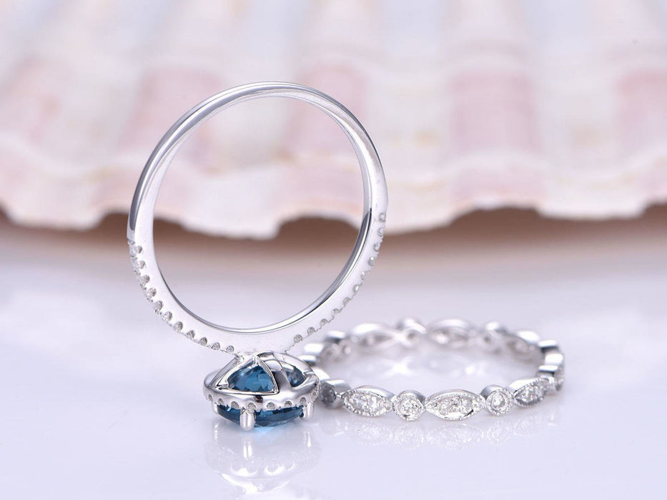 1.50 Carat Round Cut London Blue Topaz and Diamond Art Deco Wedding Ring Set IN White Gold