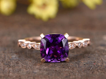 2 Carat Cushion Cut Amethyst and Diamond Half Eternity Engagement Ring in Rose Gold