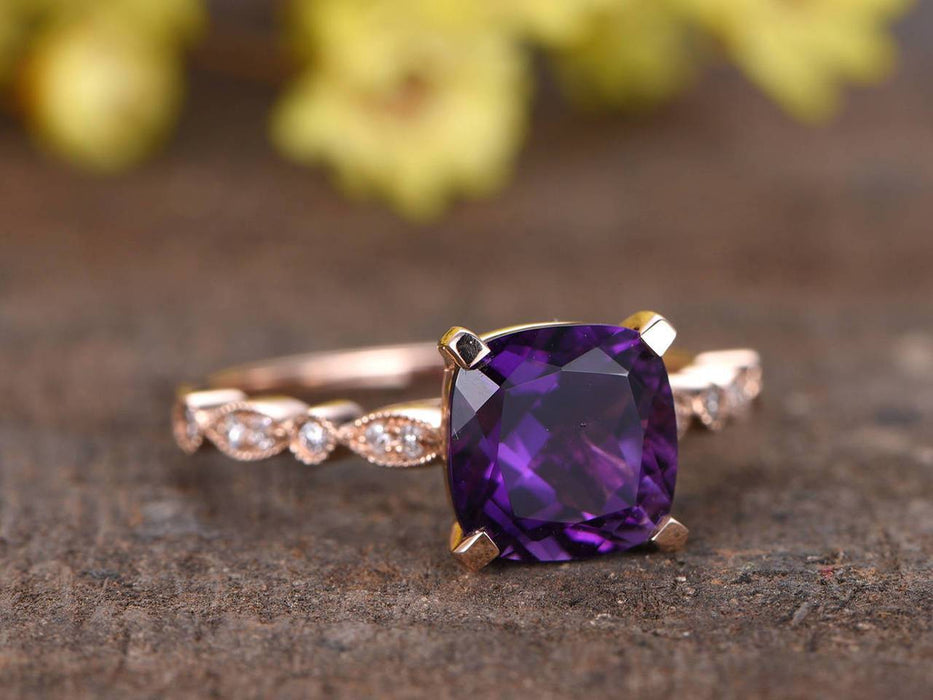 2 Carat Cushion Cut Amethyst and Diamond Half Eternity Engagement Ring in Rose Gold