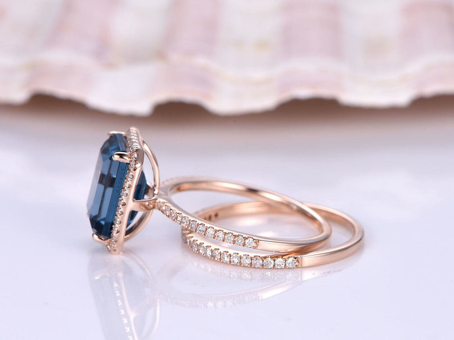 2 Carat Emerald Cut London Blue Topaz and Diamond Halo Half Eternity Wedding Ring Set in Rose Gold
