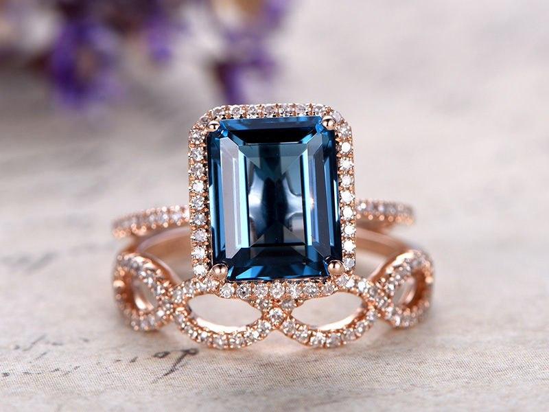 2 Carat Emerald Cut London Blue Topaz and Diamond Halo Split Shank Wedding Ring Set in Rose Gold