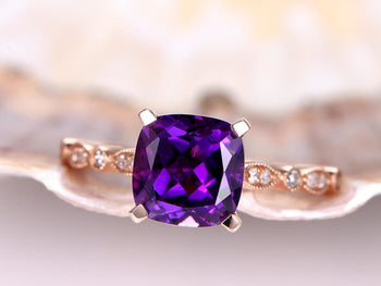 1.50 Carat Cushion Amethyst and Diamond Antique Engagement Ring in Rose Gold