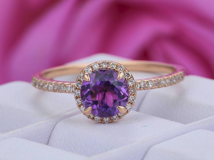 1.50 Carat Round Amethyst and Diamond Half Eternity Engagement Ring in Rose Gold
