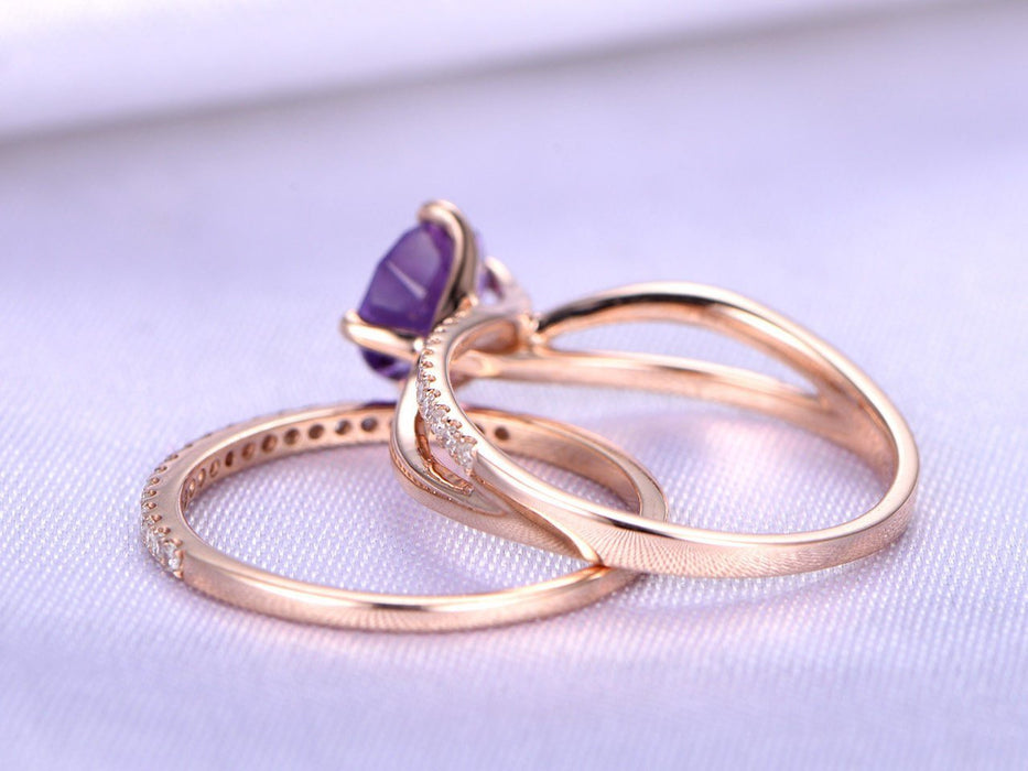 1.50 Carat Round Amethyst and Diamond Split Shank Half Eternity Engagement Wedding Ring set in Rose Gold