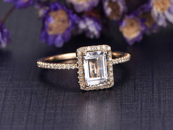 1.50 Carat Emerald Cut White Topaz and Diamond Halo Half Infinity Engagement Ring in Yellow Gold