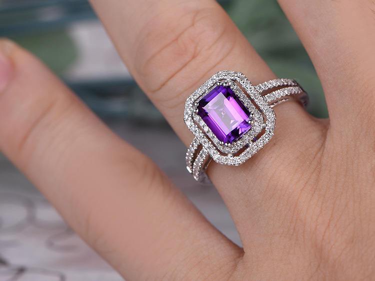 2 Carat Emerald Amethyst and Diamond Halo Split Shank Engagement