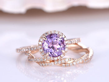 2.5 Carat Round Cut Amethyst and Diamond Halo and Twist Infinity Shape Wedding Ring Set in Rose Gold