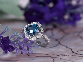 1.50 Carat Cushion Cut London Blue Topaz and Diamond Art Deco Engagement Ring in White Gold