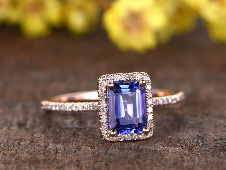 1.50 Carat Emerald Cut Tanzanite Diamond Halo Half Eternity Engagement Ring in Rose Gold