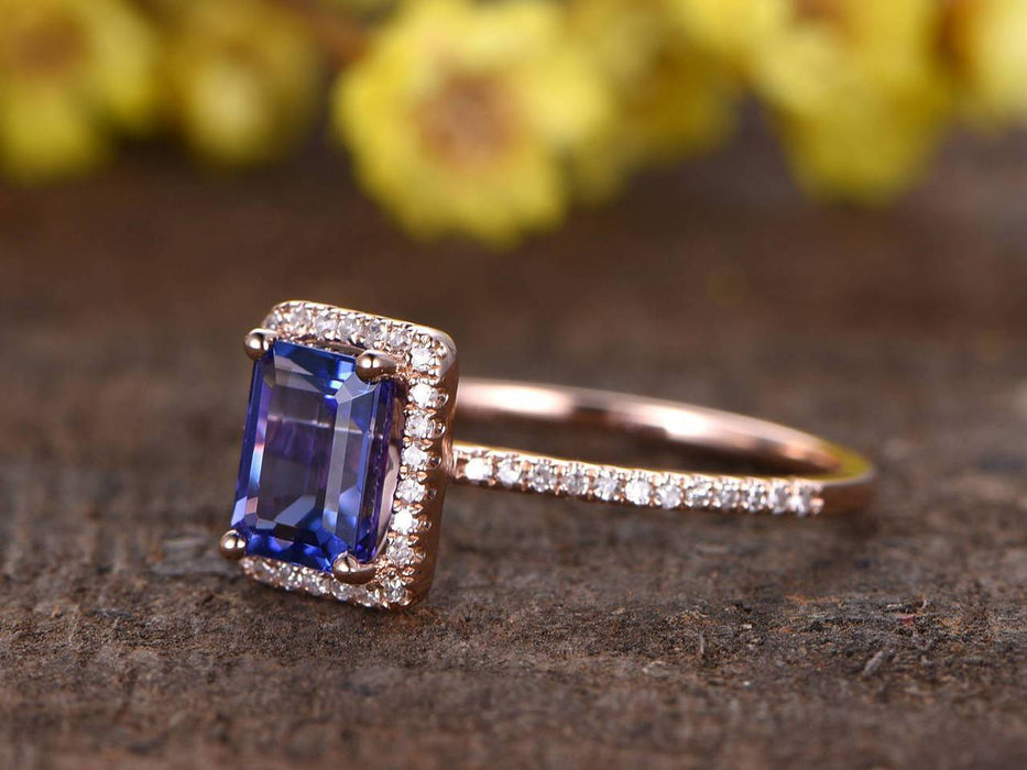 1.50 Carat Emerald Cut Tanzanite Diamond Halo Half Eternity Engagement Ring in Rose Gold