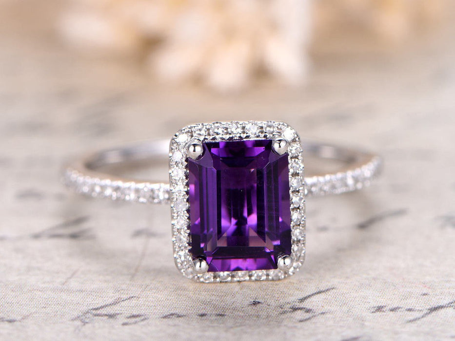 1.50 Carat Emerald Cut Amethyst and Diamond Engagement Ring in White Gold