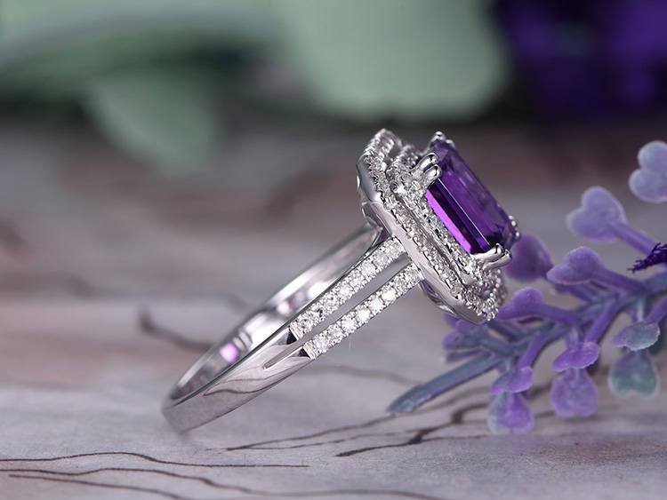 2 Carat Emerald Amethyst and Diamond Halo Split Shank Engagement Ring in White Gold