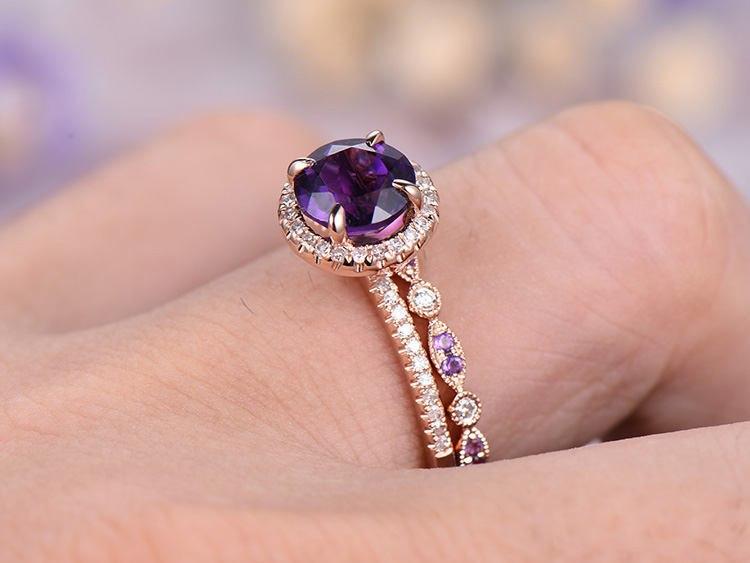 2.5 Carat Round Amethyst and Diamond Art Deco Wedding Ring Set in Rose Gold
