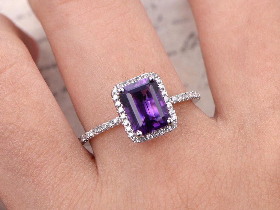 1.50 Carat Emerald Cut Amethyst and Diamond Engagement Ring in White Gold