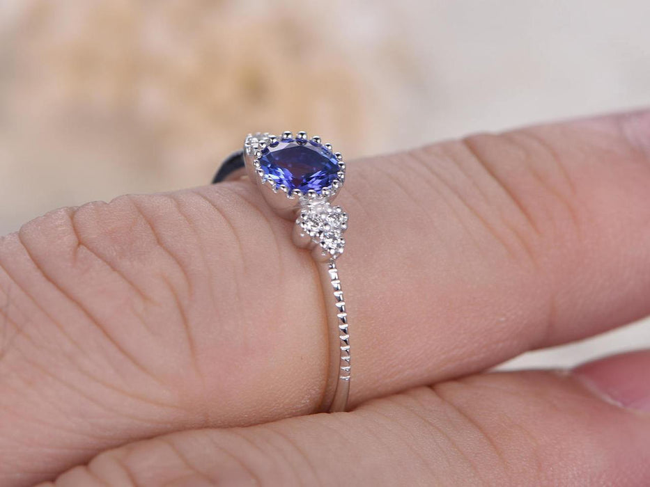 Unique 1.25 Carat Round Cut Tanzanite Diamond Carved Engagement Rings in White Gold