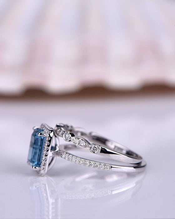 2 Carat Emerald Cut London Blue Topaz and Diamond Halo Art Deco Wedding Ring Set in White Gold