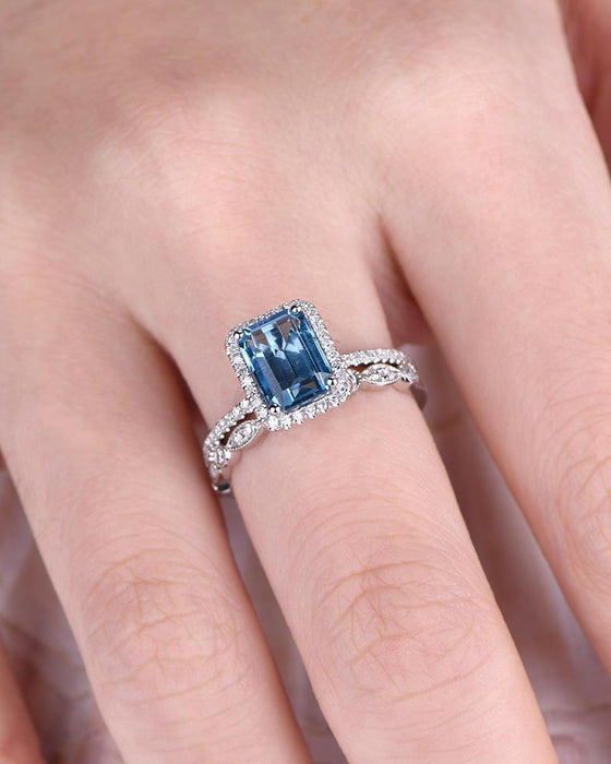2 Carat Emerald Cut London Blue Topaz and Diamond Halo Art Deco Wedding Ring Set in White Gold