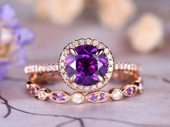 2.5 Carat Round Amethyst and Diamond Art Deco Wedding Ring Set in Rose Gold