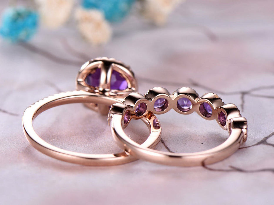 2 Carat Round Amethyst and Diamond Eternity Engagement Wedding Ring Set in Rose Gold