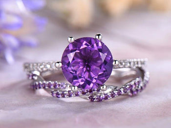 Unique 2 Carat Round Amethyst and Diamond Twist Infinity Wedding Ring Set in White Gold