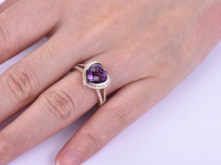 2 Carat Heart Shape Amethsyt and Diamond Engagement Ring Split Shank Diamond Ring for Her