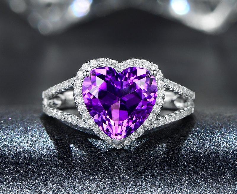 2 Carat Heart Shape Amethsyt and Diamond Halo Split Shank Engagement Ring in White Gold