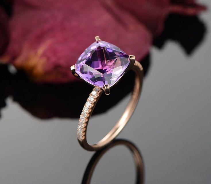 1.25 Carat Cushion Amethyst and Diamond Engagement Ring in Rose Gold