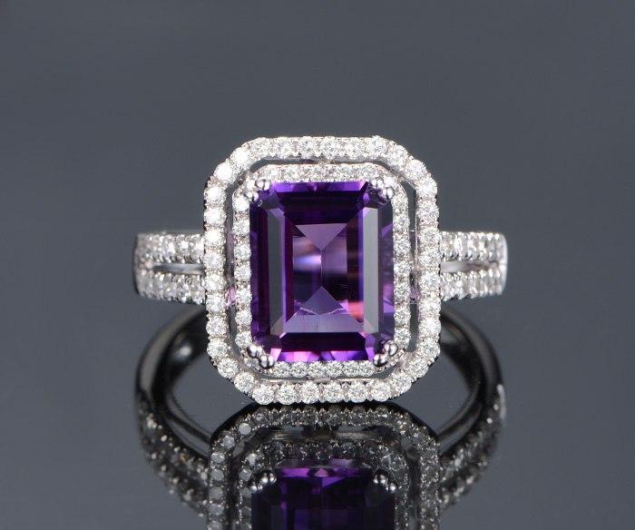 2 Carat Emerald Amethyst and Diamond Two Fully Split Shank Engagement Wedding Ring in White Gold