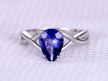 1 Carat Pear Cut Tanzanite Cross Band Solitaire Engagement Ring in White Gold