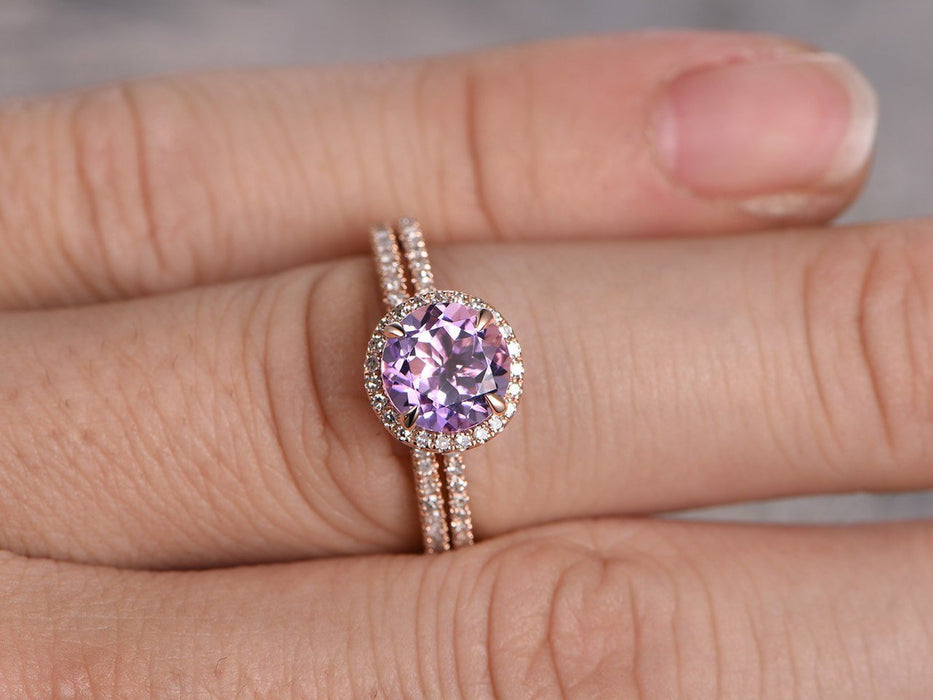 1.50 Carat Round Amethyst and Diamond Half Eternity Engagement Wedding Ring Set in Rose Gold