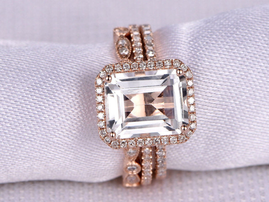 2 Carat Emerald Cut White Topaz and Diamond Art Deco Trio Ring Set in Rose Gold for Her/Him