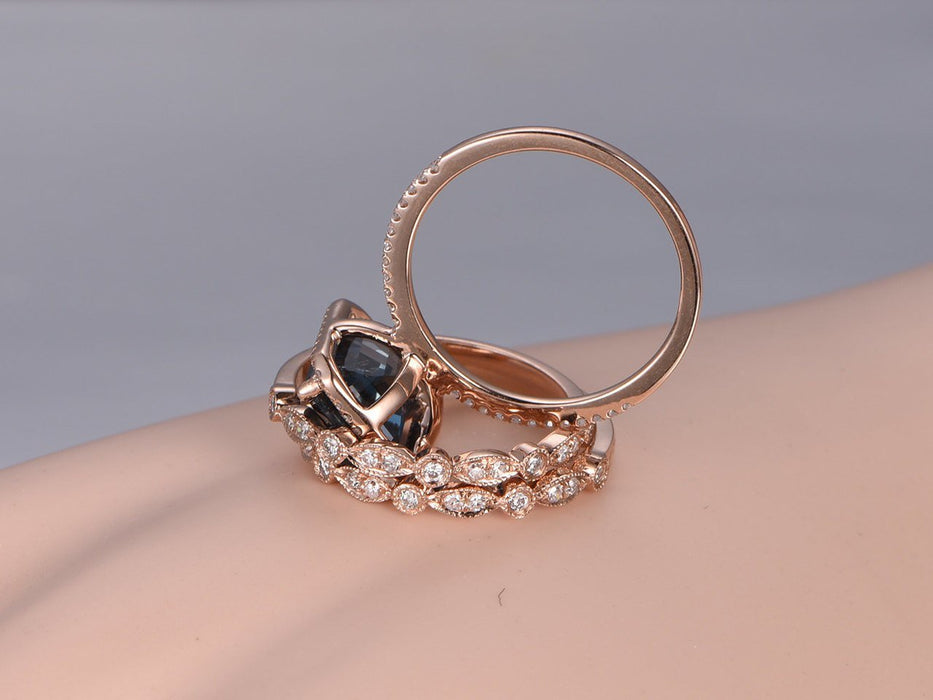 2 Carat Emerald Cut London Blue Topaz and Diamond Art Deco Half Infinity Trio Ring Set in Rose Gold