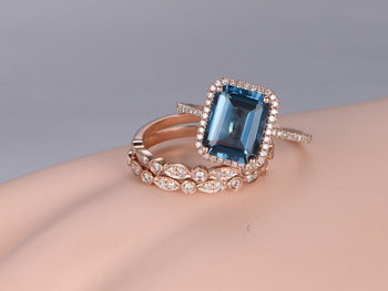 2 Carat Emerald Cut London Blue Topaz and Diamond Art Deco Half Infinity Trio Ring Set in Rose Gold