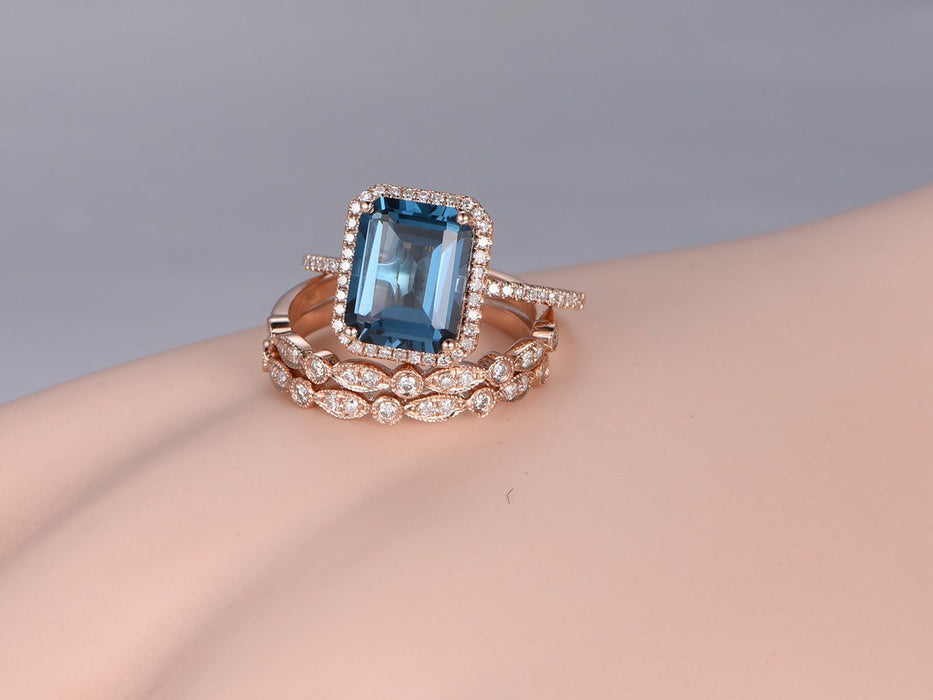 2 Carat Emerald Cut London Blue Topaz and Diamond Art Deco Half Infinity Trio Ring Set in Rose Gold