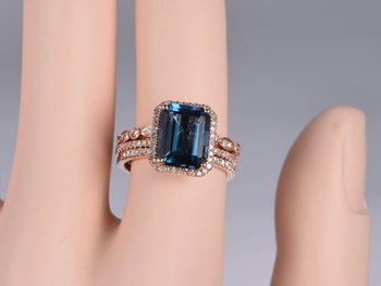 2 Carat Emerald Cut London Blue Topaz and Diamond Art Deco Half Eternity Trio Ring Set in Rose Gold