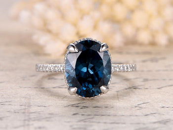 1.50 Carat Oval Cut London Blue Topaz and Diamond Claw Prong Engagement Ring in White Gold
