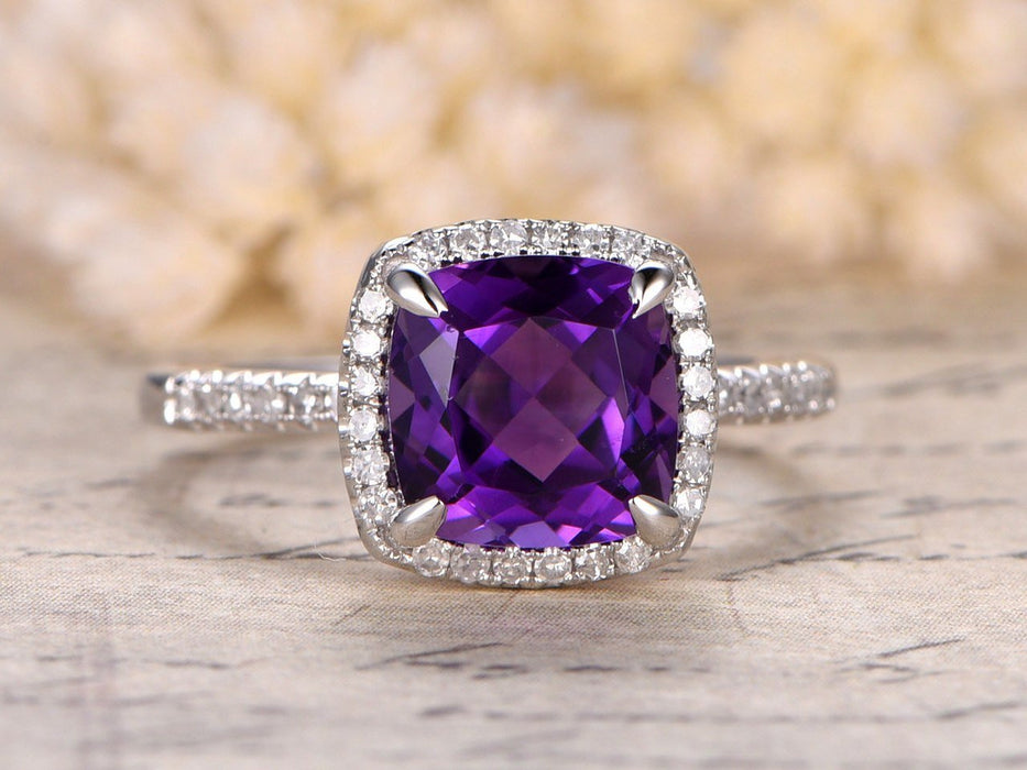 1.50 Carat Cushion Amethyst and Diamond Halo Engagement Ring in White Gold