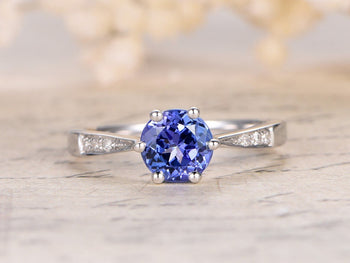 1.25 Carat Solitaire Round Cut Tanzanite and Diamond Engagement Rings in White Gold