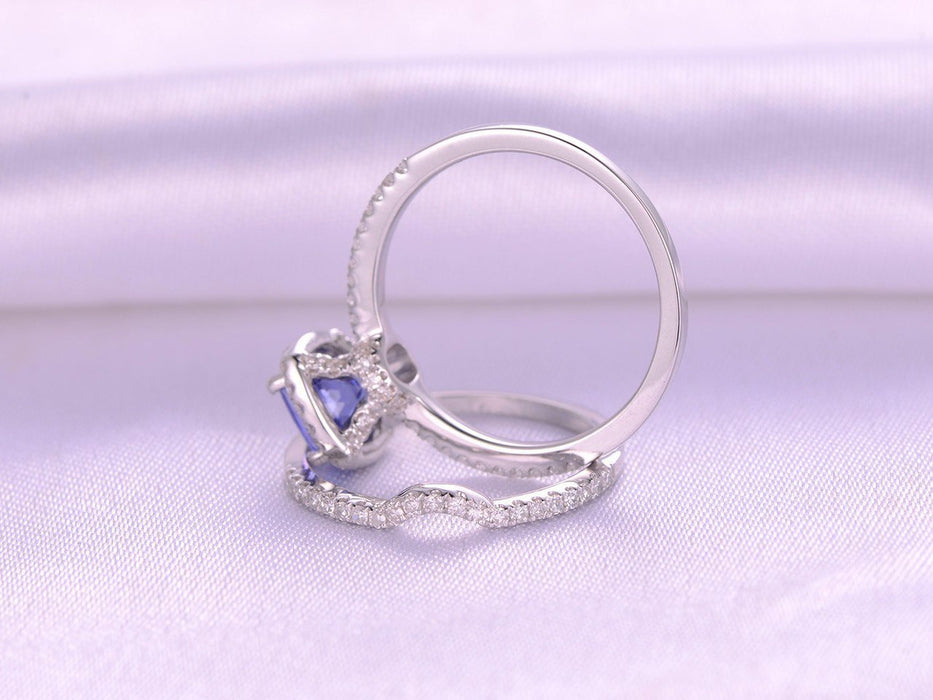 1.50 Carat Halo Cushion Cut Tanzanite and Diamond Half Infinity Wedding Ring Sets in White GoldGold